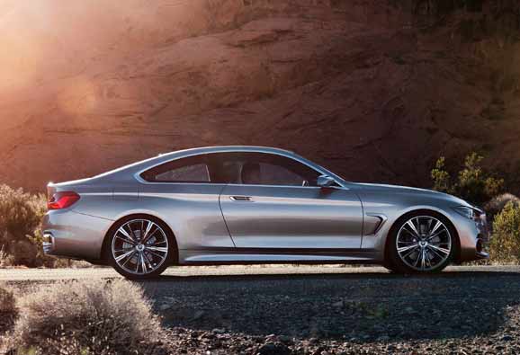 As formas fluentes e típicas da BMW e a silhueta alongada definem a visão lateral esteticamente elegante do BMW Concept Série 4 Coupé